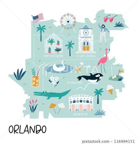 Colorful illustrated map of Orlando city, Florida state, USA, with animals, famous symbols, landmarks. 116994151
