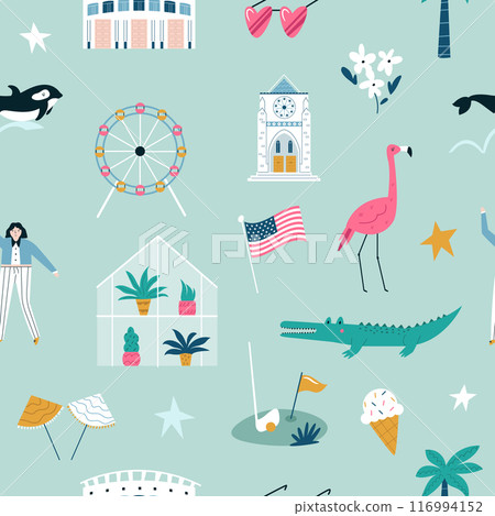 Colorful seamless pattern with famous symbols, buildings of Orlando city, Florida state, USA. Colorful seamless pattern with famous symbols, buildings of Orlando city, Florida state, USA. 116994152