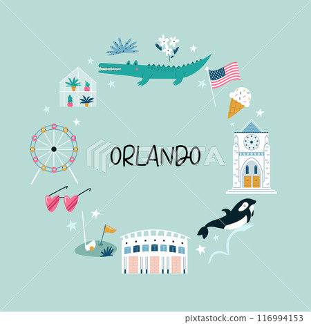 Colorful composition, circle design with famous symbols, buildings of Orlando city, Florida state, USA. 116994153