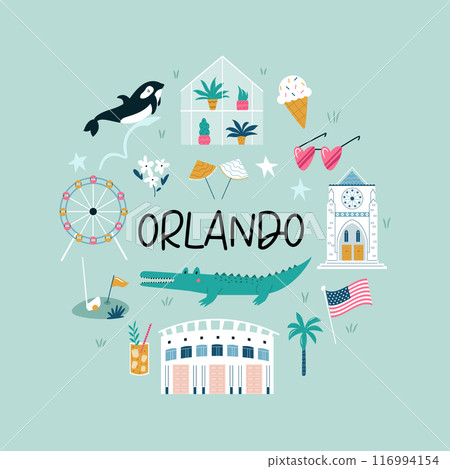 Colorful composition, circle design with famous symbols, buildings of Orlando city, Florida state, USA. Colorful composition, circle design with famous symbols, buildings of Orlando city, Florida state, USA. 116994154