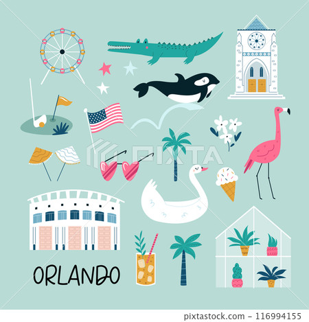 Colorful composition, circle design with famous symbols, buildings of Orlando city, Florida state, USA. Colorful composition, circle design with famous symbols, buildings of Orlando city, Florida state, USA. 116994155