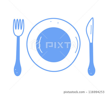Plate and cutlery doodle icon. Vector illustration Table set fork knife. Plate and cutlery doodle icon. Vector illustration Table set fork knife. 116994253
