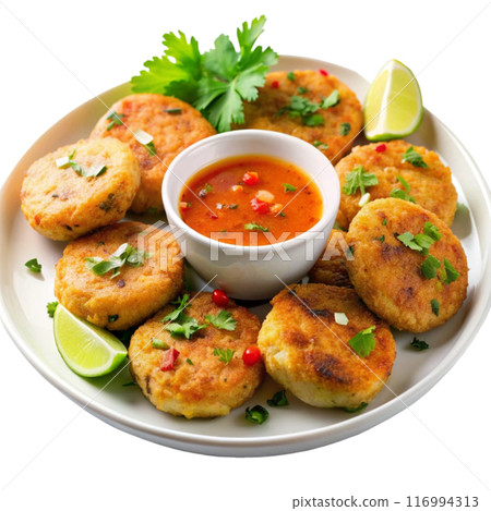 fish and potatoes on a plate 116994313