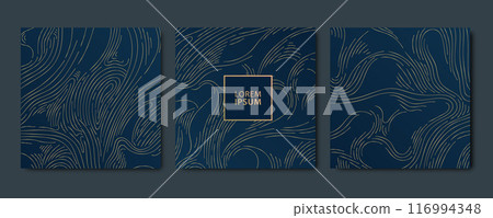 Vector set of wave elegant, premium gold lines pattern on blue. Marble texture, modern curve art, corporate presentation square cards, exclusive ornament. 116994348