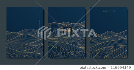 Vector set of abstract art line mountains and river. Wave Japanese style drawing, gold on blue, luxury illustration. Hills and water geometric covers. 116994349