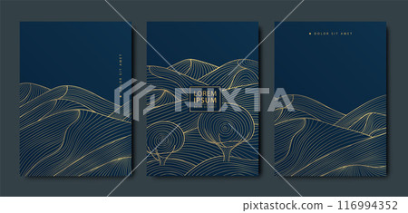 Vector set of abstract art line mountains and trees. Wave Japanese style drawing, gold on blue, luxury illustration. Hills geometric covers. Vector set of abstract art line mountains and trees. Wave Japanese style drawing, gold on blue, luxury illustration. Hills geometric covers. 116994352