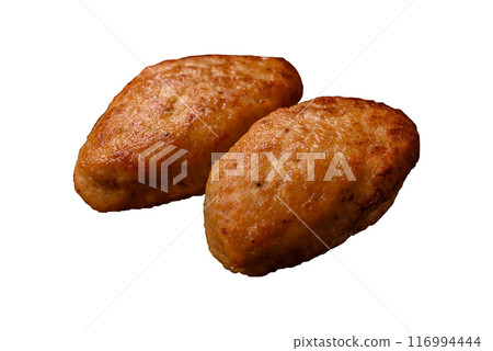 Delicious fresh fried minced fish cutlets with spices and herbs Delicious fresh fried minced fish cutlets with spices and herbs 116994444