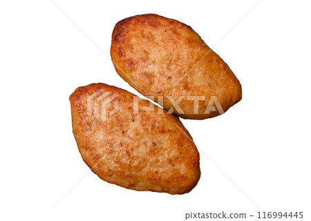 Delicious fresh fried minced fish cutlets with spices and herbs 116994445