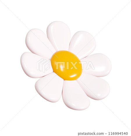 Daisy plastic flower cartoon icon 3d render illustration. Cute chamomile bubble bloom with white petals for spring and summer design. Abstract glossy balloon blossom . Garden floral element. Daisy plastic flower cartoon icon 3d render illustration. Cute chamomile bubble bloom with white petals for spring and summer design. Abstract glossy balloon blossom . Garden floral element. 116994540