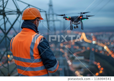Man in an orange jacket looks at a drone flying with a camera and flies over a power line to monitor problems Man in an orange jacket looks at a drone flying with a camera and flies over a power line to monitor problems 116994541