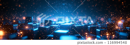 Blue background with a lot of small cubes scattered around. The cubes are lit up with a yellow glow, giving the impression of a cityscape 116994548
