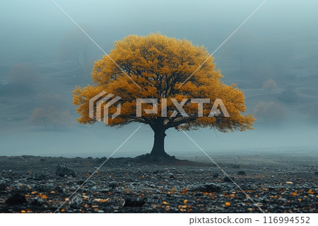 Big tree stands alone in a field of rocks and dirt. The sky is overcast and the tree is covered in yellow leaves Big tree stands alone in a field of rocks and dirt. The sky is overcast and the tree is covered in yellow leaves 116994552