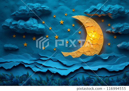 Paper crescent moon and stars in the night sky Paper crescent moon and stars in the night sky 116994555