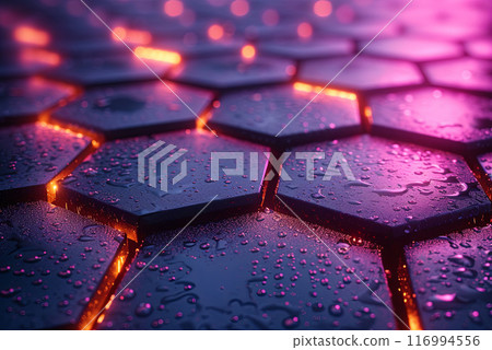 Close up of a black and orange surface with a lot of water droplets. The water droplets are illuminated by a light source, creating a surreal and otherworldly atmosphere Close up of a black and orange surface with a lot of water droplets. The water droplets are illuminated by a light source, creating a surreal and otherworldly atmosphere 116994556