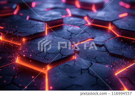 Background of a black and orange surface with lots of textures. The surface consists of small hexagonal blocks that are illuminated with orange and red lights. The scene is chaos Background of a black and orange surface with lots of textures. The surface consists of small hexagonal blocks that are illuminated with orange and red lights. The scene is chaos 116994557