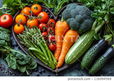 Heart made of vegetables including tomatoes, broccoli, and cucumbers Heart made of vegetables including tomatoes, broccoli, and cucumbers 116994569
