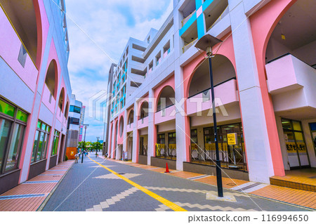 Yokohama cityscape in Japan - JR Yokohama Line Tokaichiba Station South Exit, overlooking the shopping street in front of the station, July 20th 116994650