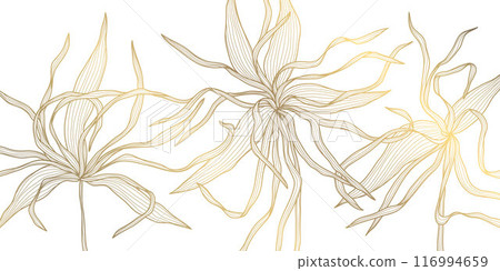Vector gold on white line luxury flowers illustration. Wedding elegant wallpaper, nature print, botanical ornament 116994659