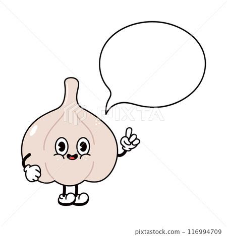 Garlic with speech bubble character. Vector hand drawn traditional cartoon vintage, retro, kawaii character illustration icon. Isolated white background. Garlic character 116994709