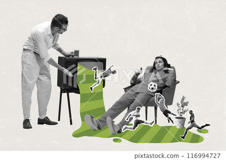 Contemporary art collage. Man adjusts old TV as woman lounges in chair, with soccer players seemingly emerging from screen and playing around her, 116994727