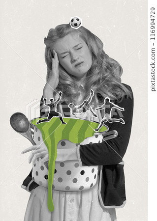Contemporary art collage. Woman in monochrome, holds her head in pain as football player kicks ball, causing it to land on her head. 116994729