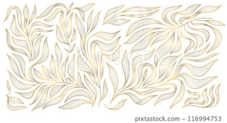 Vector art deco golden line leaves pattern, nature classic wavy illustration. Abstract floral wallpaper, plant elegant summer ornament 116994753