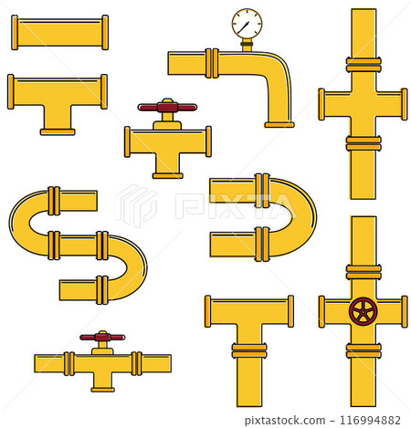 A set of industrial pipelines. Oil, water or gas pipeline with fittings and valves. Isolated vector illustration A set of industrial pipelines. Oil, water or gas pipeline with fittings and valves. Isolated vector illustration 116994882