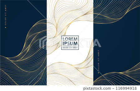 Vector set of gold wave line abstract textures, wavy geometric marble graphic, elegant shapes. Sea illustration, art deco ornament, premium labels package 116994918