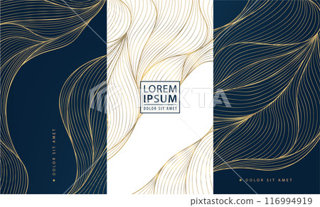 Vector set of gold wave line abstract textures, wavy geometric marble graphic, elegant shapes. Sea illustration, art deco ornament, premium labels package 116994919