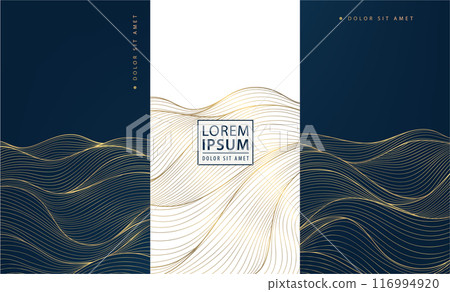 Vector set of gold wave line abstract textures, wavy geometric marble graphic, elegant shapes. Sea illustration, art deco ornament, premium labels package 116994920