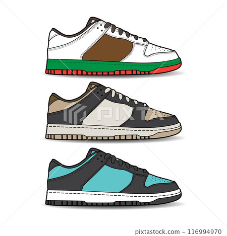 Sneakers shoe set collection with different color. Sneaker side view flat design concept. Vector icon logo illustration. 116994970