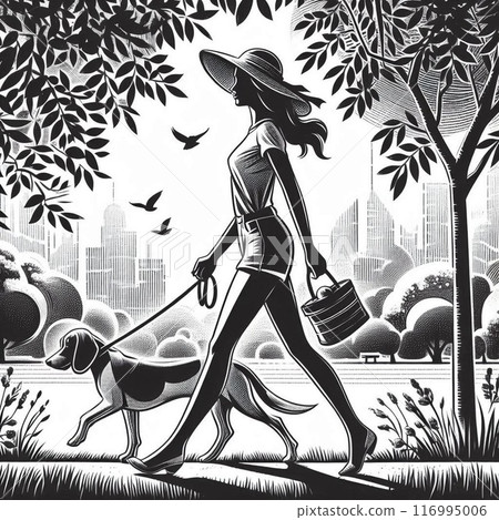 一個女人帶著她的狗在公園散步 116995006