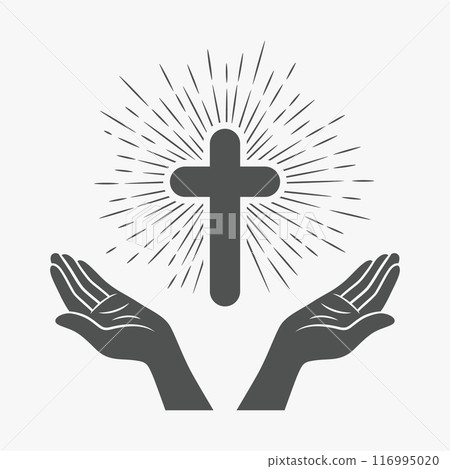 Black and White Open Hands with Cross and Divine Light, Symbol of Faith and Prayer. Design Template for Church Logo. Prayer, Religion Concept Monochrome Cut Out Silhouette Icon. Vector Illustration 116995020