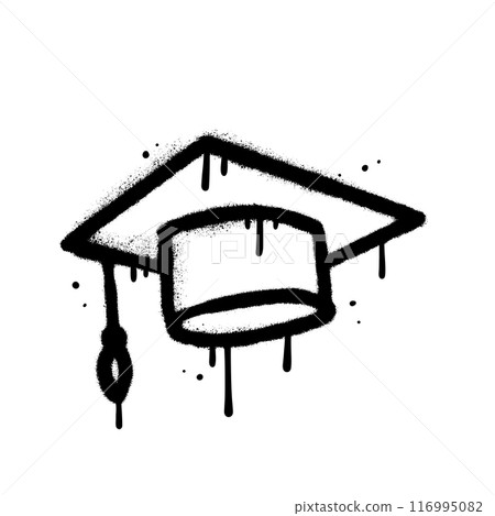 Spray Painted Graffiti Graduation hat. 90s Spray icon isolated on white background. Urban graffiti graduation cap symbol. Vector hand drawn illustration with dips and leaks. 116995082