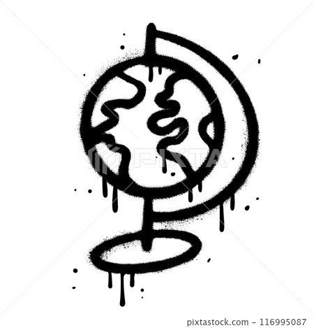 Hand drawn black and white spray painted globe with drips. Sprayed vector illustration for back to school decoration. 116995087