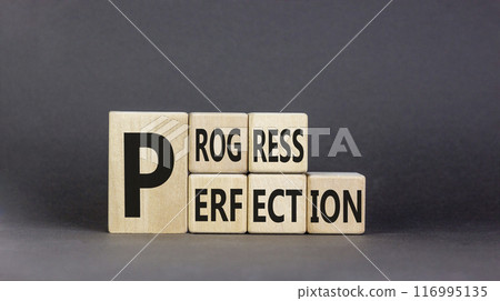 Progress or perfection symbol. Concept word Progress Perfection on beautiful wooden cubes. Beautiful black background. Business progress or perfection concept. Copy space. Progress or perfection symbol. Concept word Progress Perfection on beautiful wooden cubes. Beautiful black background. Business progress or perfection concept. Copy space. 116995135