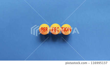 Perfection symbol. Concept word Perfection on beautiful yellow ping-pong balls. Beautiful blue table blue background. Business perfection concept. Copy space. Perfection symbol. Concept word Perfection on beautiful yellow ping-pong balls. Beautiful blue table blue background. Business perfection concept. Copy space. 116995137