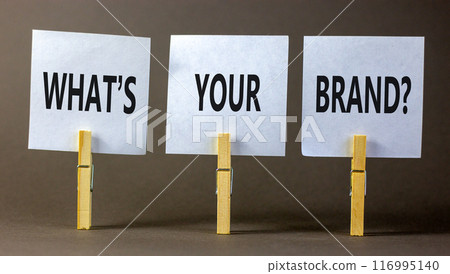 Branding and what is your brand symbol. Concept words What is your brand on beautiful white paper on clothespin. Beautiful grey background. Business branding and what is your brand concept. Copy space Branding and what is your brand symbol. Concept words What is your brand on beautiful white paper on clothespin. Beautiful grey background. Business branding and what is your brand concept. Copy space 116995140