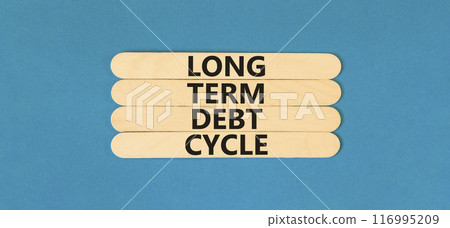 Long term debt cycle symbol. Concept words Long term debt cycle on wooden stick. Beautiful blue table blue background. Business Long term debt cycle concept. Copy space. 116995209