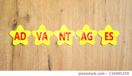 Advantages symbol. Concept word Advantages on beautiful yellow paper stars. Beautiful wooden background. Business advantages concept. Copy space. Advantages symbol. Concept word Advantages on beautiful yellow paper stars. Beautiful wooden background. Business advantages concept. Copy space. 116995259