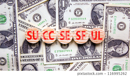 Successful symbol. Concept word Successful on beautiful wooden circles. Dollar bills. Beautiful background from dollar bills. Business successful concept. Copy space. 116995262