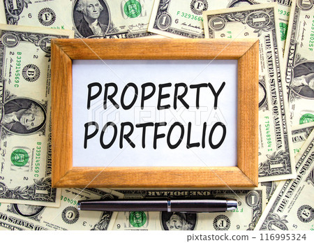 Property portfolio symbol. Concept words Property portfolio on beautiful wooden picture frame. Dollar bills. Beautiful dollar bills background. Business Property portfolio concept. Copy space. Property portfolio symbol. Concept words Property portfolio on beautiful wooden picture frame. Dollar bills. Beautiful dollar bills background. Business Property portfolio concept. Copy space. 116995324
