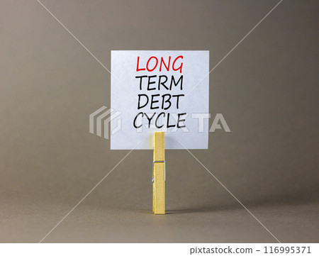 Long term debt cycle symbol. Concept words Long term debt cycle on beautiful white paper on clothespin. Beautiful grey background. Business Long term debt cycle concept. Copy space. 116995371