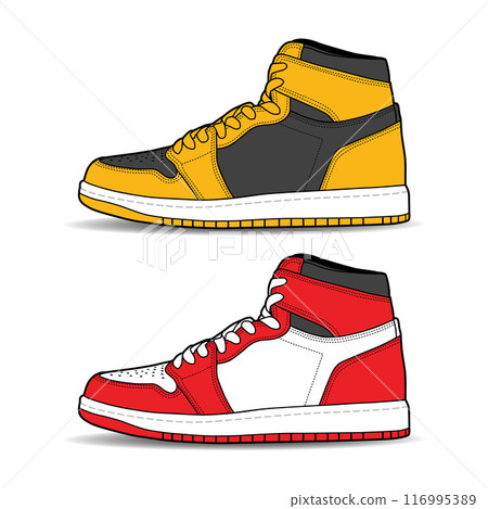 Sneakers shoe set collection with different color. Sneaker side view flat design concept. Vector icon logo illustration. 116995389