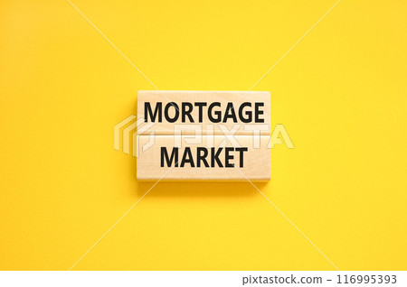 Mortgage market symbol. Concept words Mortgage market on beautiful wooden blocks. Beautiful yellow table yellow background. Business mortgage market concept. Copy space. 116995393