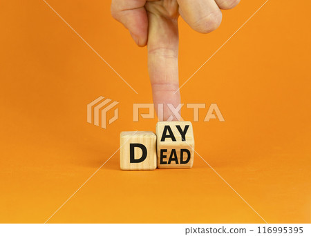Day of the dead symbol. Businessman turns a wooden cube and changes the word 'Dead' to 'Day'. Beautiful orange table, orange background, copy space. Day of the dead concept. Day of the dead symbol. Businessman turns a wooden cube and changes the word 'Dead' to 'Day'. Beautiful orange table, orange background, copy space. Day of the dead concept. 116995395