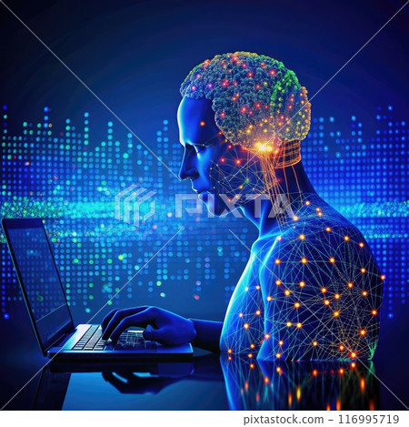 Big data technology and data science. Data scientist querying, analysing and visualizing complex data set on virtual screen. Data flow concept. Neural network, artificial intelligence, ML, analytics. 116995719