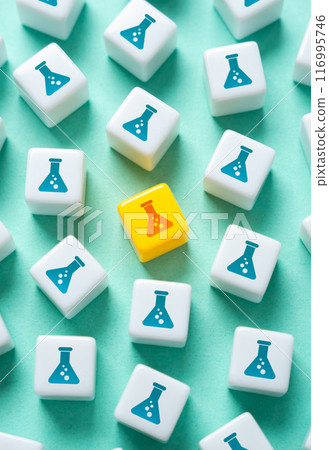 Highlighted laboratory flask, scientific experiment concept. Developing new treatments or drugs. Medicine and Science. Prospective study. Successful results of the experiment. 116995746
