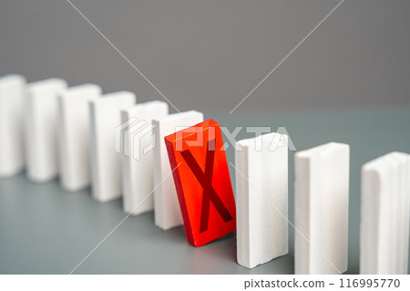The red domino with a cross hinders the whole process. Breakdown. Out of service. Sanctions. Stop work. Refusal and protest. Critical error. Unavailability. Unfulfilled plans. Negative review 116995770