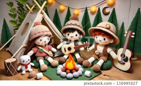 Campfire with knitted children Campfire with knitted children 116995827